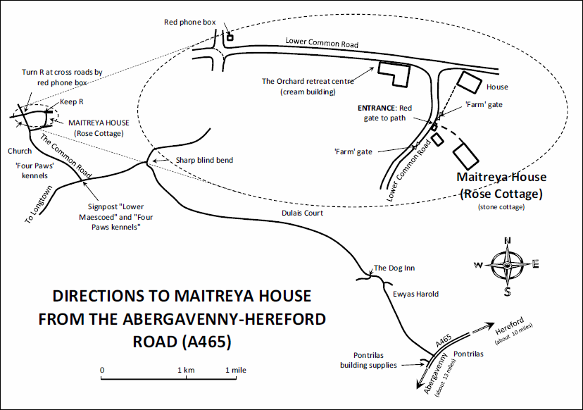 Large-scale map showing the route from Hereford-Abergavenny road (A465) to Maitreya House